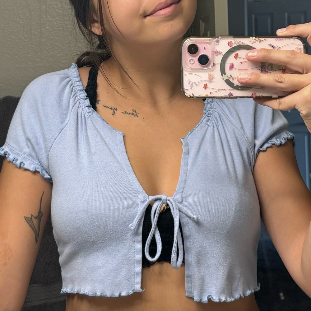Cotton sky Blue tie front crop top
